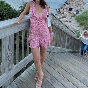 Red flowy dress with small flowers